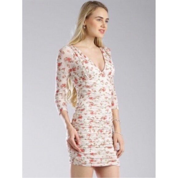 GUESS Mini Dress Floral Print Ruched side Bodycon long sleeve Size XS - Picture 2 of 16